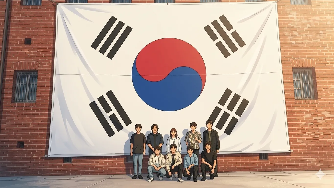 대형 태극기 앞에서 함께한 단체사진