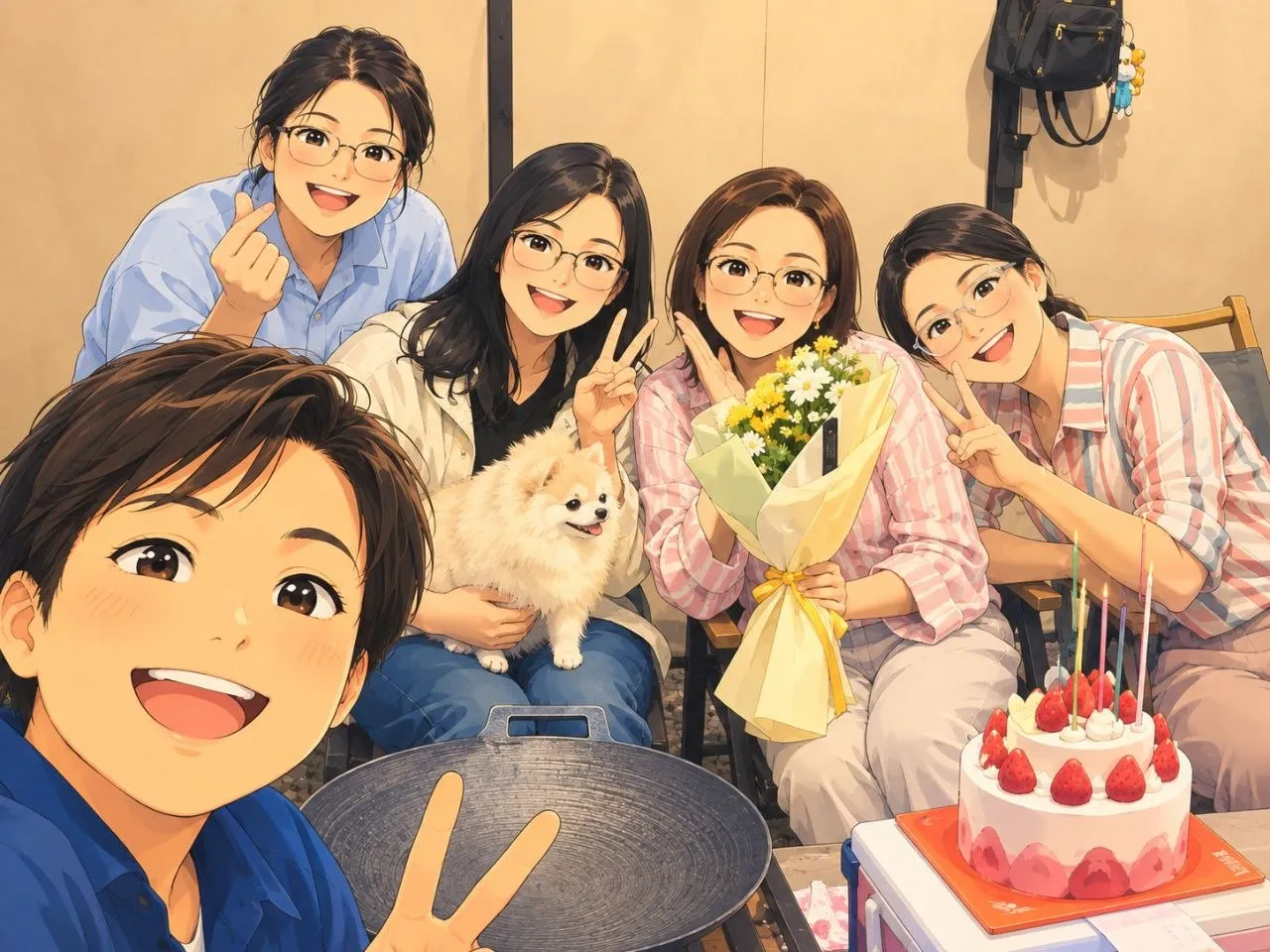 꽃다발과 케이크를 놓고 함께한 축하 모임