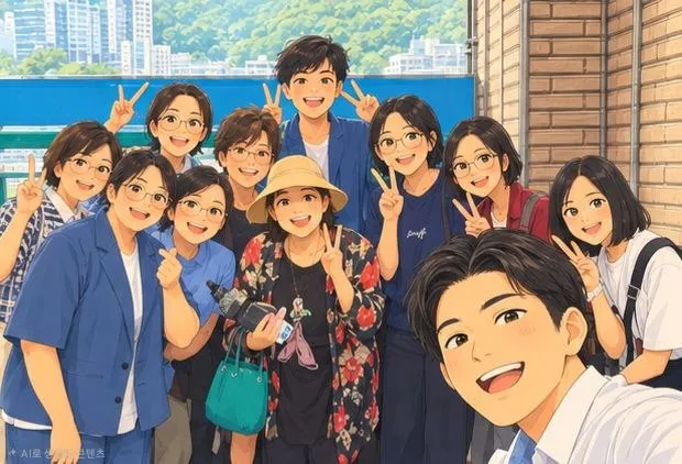 야외 테라스에서 함께한 단체사진